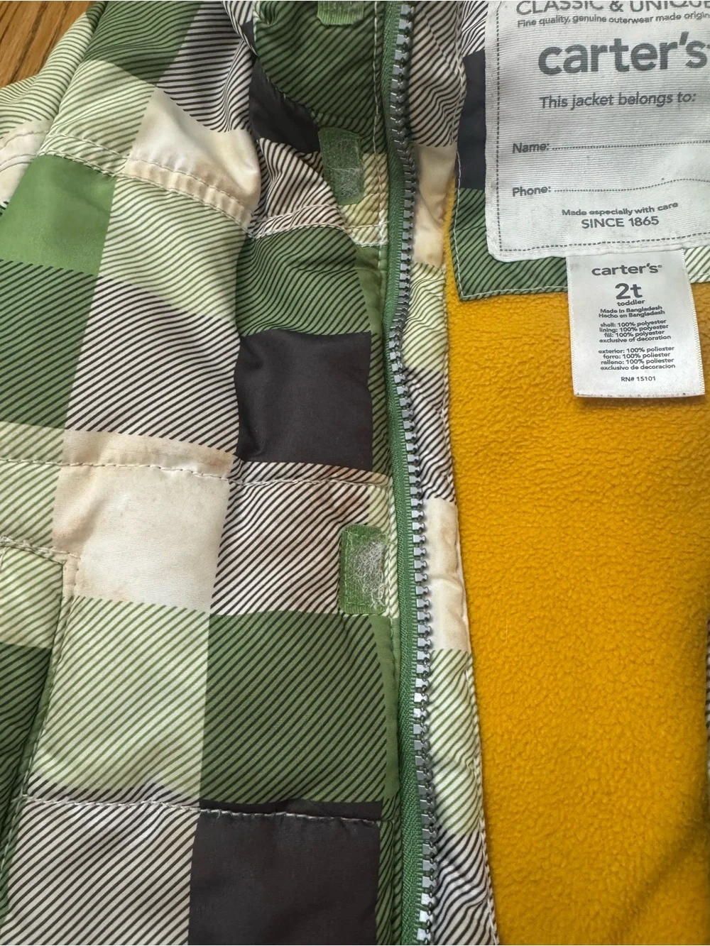 Carter's Green Plaid Puffer Jacket with Hood